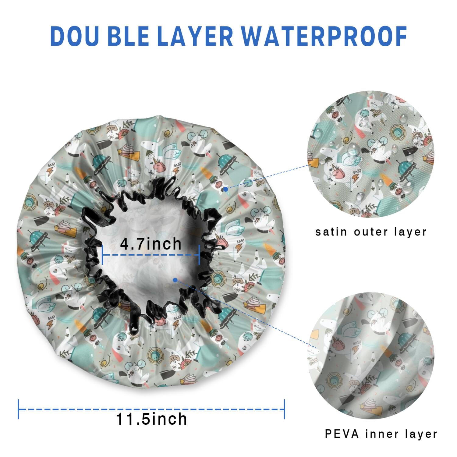 Shower Caps,Fantasy Unicorn Pattern Waterproof Shower Cap for Women 4 Pieces,Double Reusable Hair Cover for Shower PEVA Elastic Stretch Hem