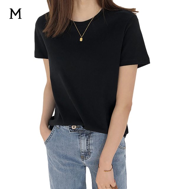 Camiseta Mujer Verano Cuello Redondo Manga Corta Color Sólido Top Casual, Negro, M Noticed AP001478-01B