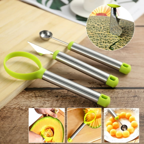 SAYFUT 3-in-1 Stainless Steel Scoop Set, Melon Baller Scoop Fruit Spoon Dessert Engraving Flower Carving Knife Fruit Vegetable Tools