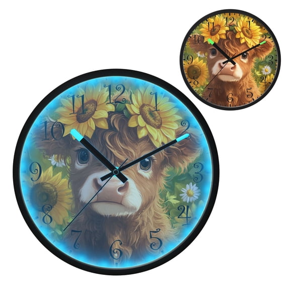 Voice Activated Clock with Glow Light 12 Inch Large Silent Wall Clock Battery Operated for Home Decor Cute Highland Cow