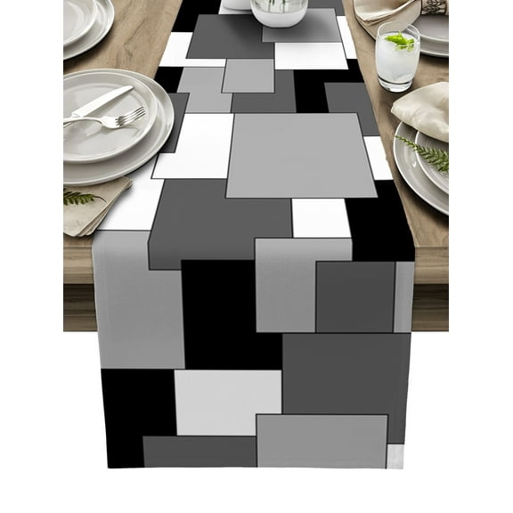 Table Runner Dresser Scarves 90 Inch Long, Modern Black Grey White Blocks Patchwork Linen Dining Table Runners Abstract Geometric Art Tabletop Scarf for Wedding Holiday Party Kitchen