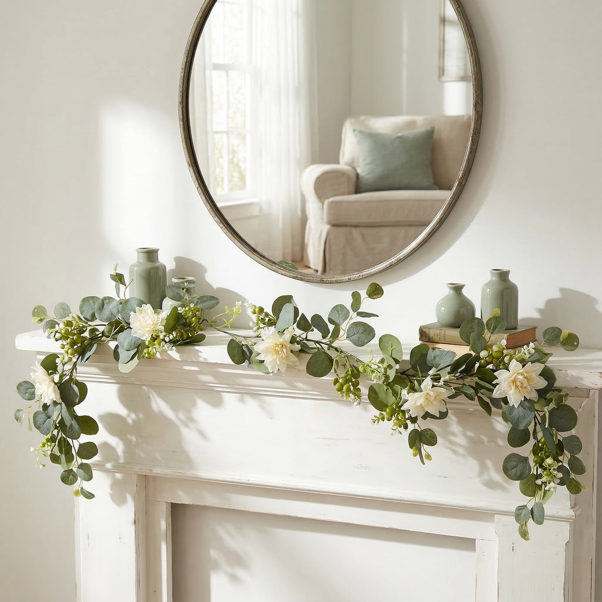 Unique Bargains Artificial Eucalyptus Garland Faux Greenery Vine Champagne Flower 71inch