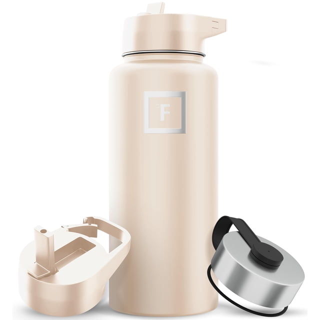 Botella de agua IRON °FLASK para acampar y hacer senderismo, 960 ml, arena con 3 tapas