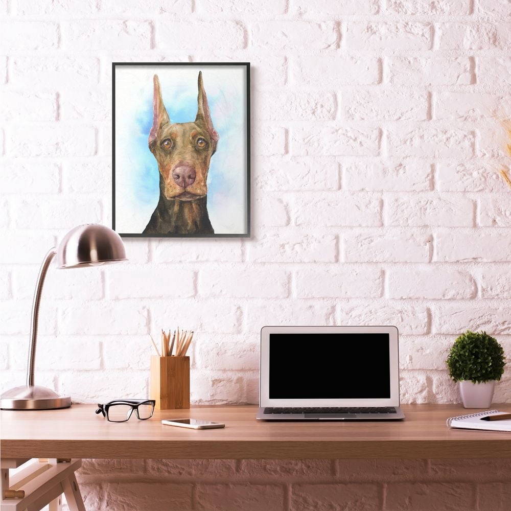 Stupell Industries Cute Doberman Dog Pet Animal Blue Watercolor Painting Framed Giclee Texturized Art by George Dyachenko