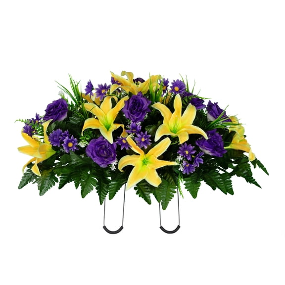 Sympathy Silks Artificial Cemetery Flowers - Yellow Lily with Purple Roses and Daisies - Saddle for Headstone