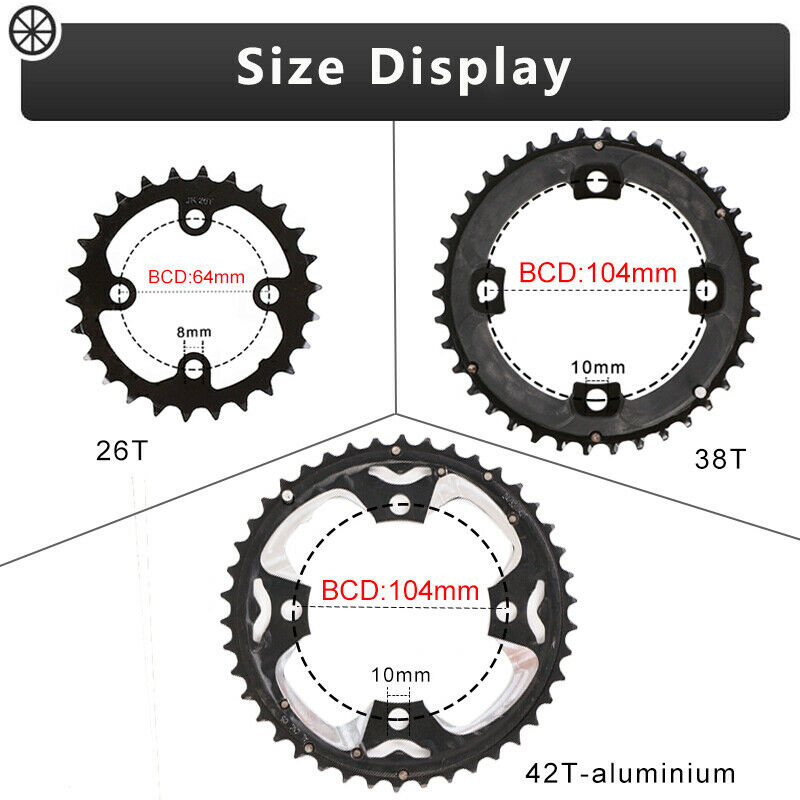 BUCKLOS 64/104 BCD Bike Chainring Set, Steel CNC Alloy Double/Triple MTB Chainring 22T 24T 26T 32T 38T 42T 44T 4 Bolts Mountain Bicycle Chainrings fit 8 9 10 Speed Compatible - image 4 of 5