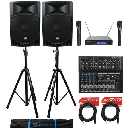 (2) Rockville RPG15 15 2000w Active PA/DJ Speakers+Mixer+Mic+Stands+Cables+Bag