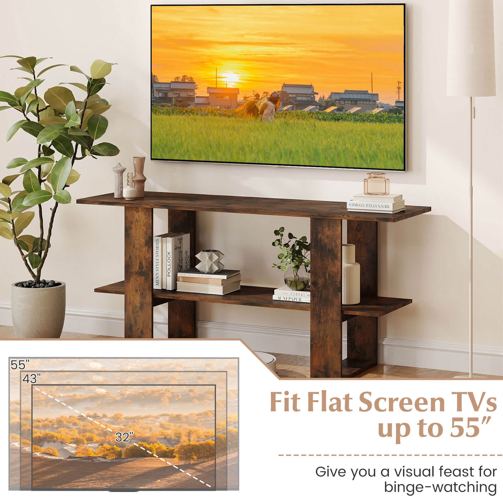Costway TV Stand for up to 55 Inches TV Entertainment Center with Storage Shelf for Bedroom Rustic Brown