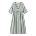 thumbnail image 6 of Summer Dresses for Women Fashion Casual V-Nek 3/4 Sleeve Solid Mid-Calf Dress A-Line Casual Loose T-Shirt Beach Sundress, 6 of 9