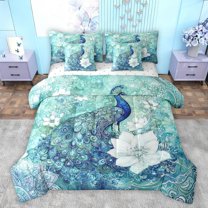 jejeloiu Cyan Blue Peacock 7-Piece Bedding Comforter Set,Retro Rustic Flower King Bedding Sets,Safari Zoo Animal Bed Sheets For Men Women,Breathable Home Decor Reversible