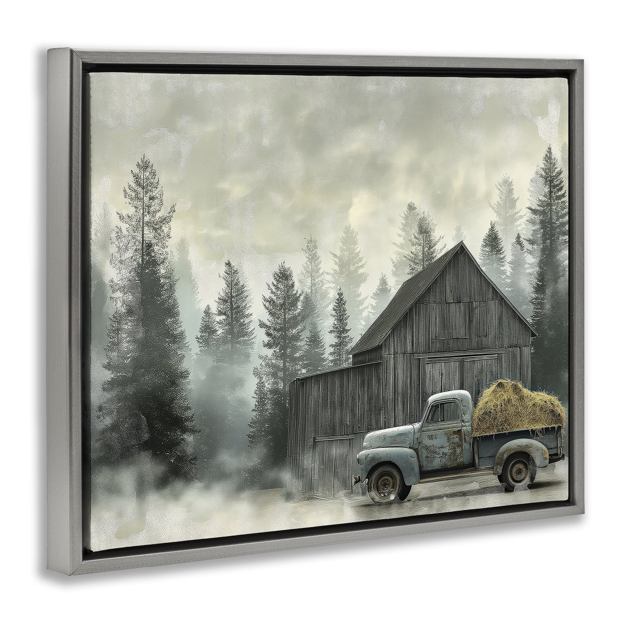 Stupell Industries Vintage Pickup at Misty Barn Gray Framed Floater Canvas Wall Art, design by Imagine It Images