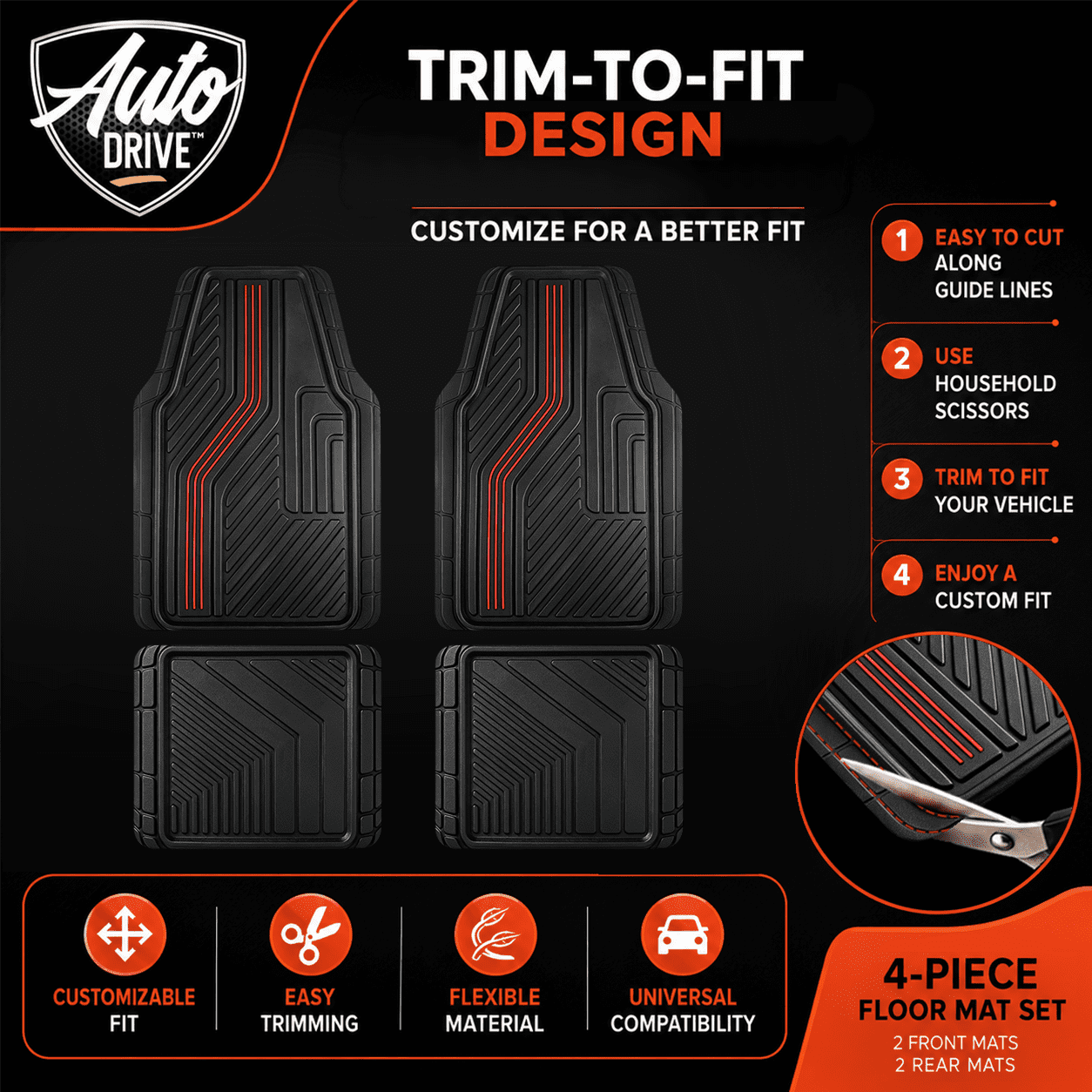 Auto Drive Automotive Floor Mats, Red, 3-Piece Rubber Set with Decorative Trim and Anti-Slip Backing