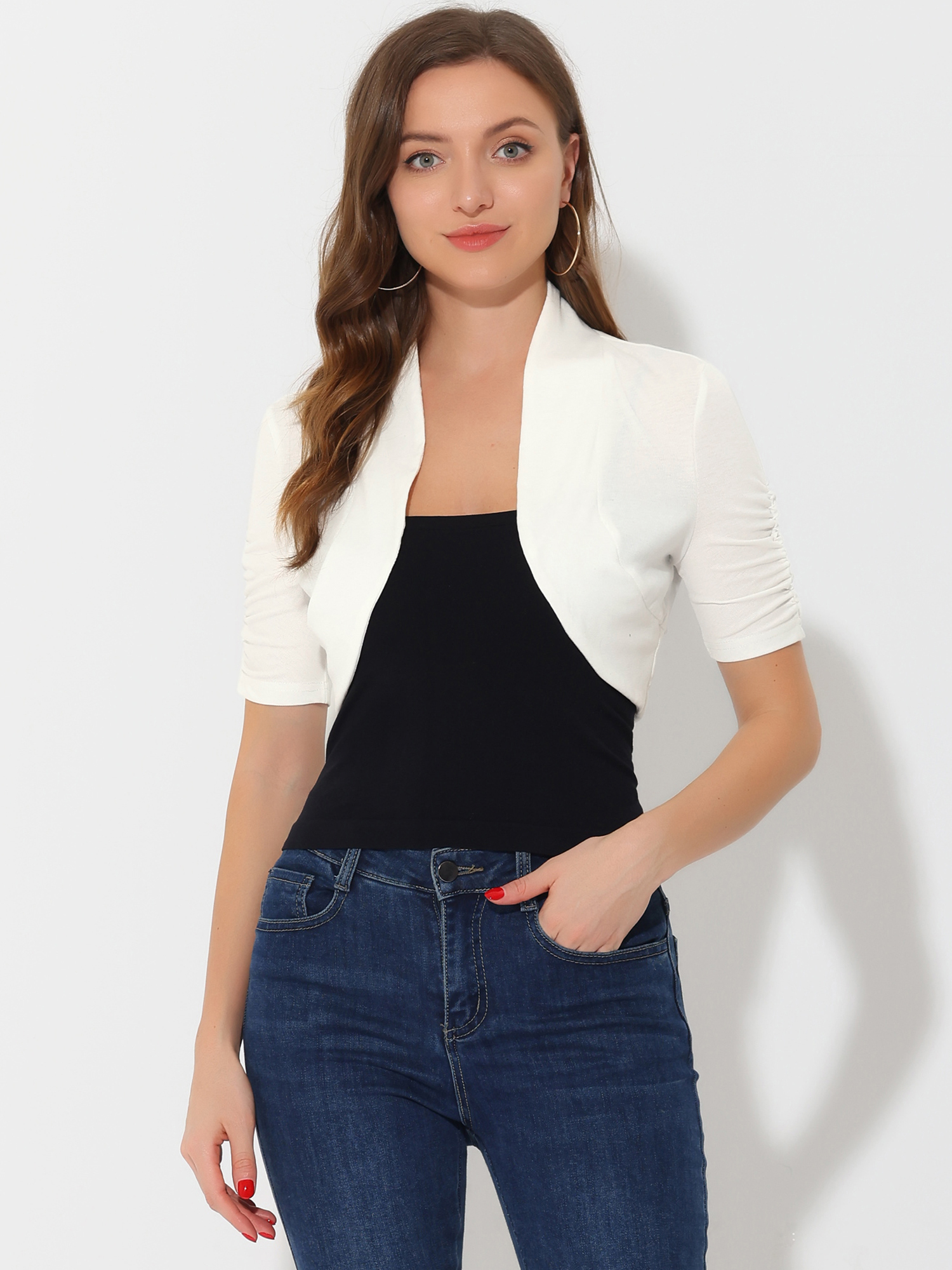 DARING DIVA Women's Ruched Short Sleeve Shrugs Bolero Cropped Cardigan XS White