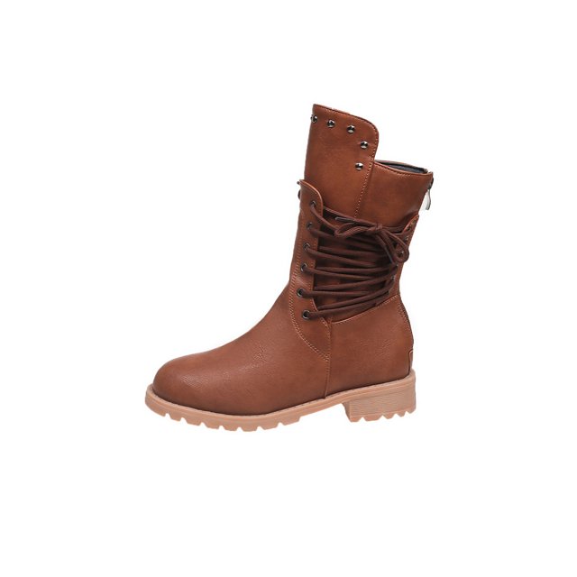 LOVZFMLL Bottes pour Femmes Mi-Mollet Bottes d'Hiver Lacets Bout Rond Sangles Réglables Talon Bas Épais Mode Décontractée Automne