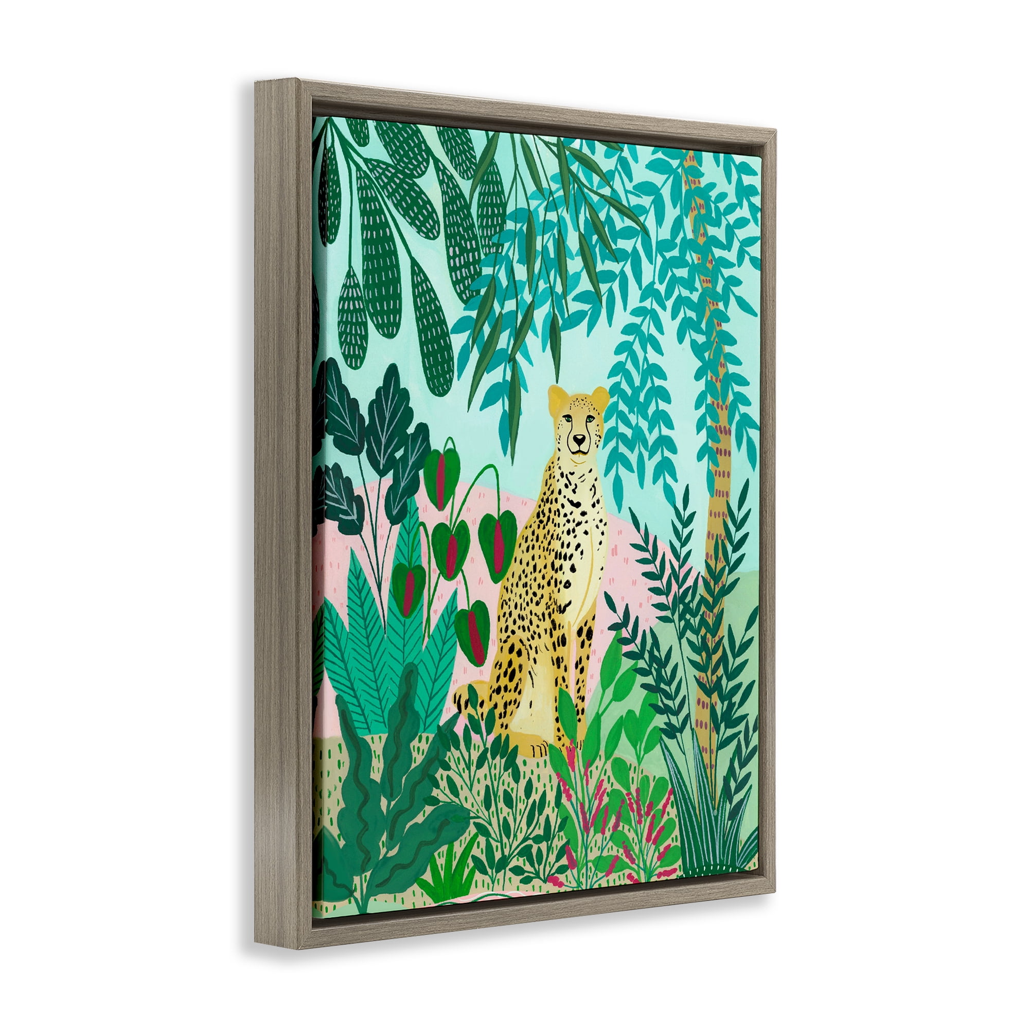 Stoic Leopard Tropical Forest Brown Framed Floater Canvas Wall Art, design by Nabeela Rumi