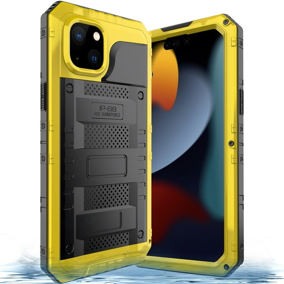 SaniMore Case for iPhone 14, Heavy Duty Protection IP68 Waterproof [Screen Protector] Shockproof Support Wireless Charging Hybidrd Silicone Metal Armor Miliary-Grade Drop-resistant Shell, Yellow