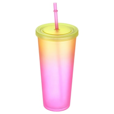 Acrylic Tumbler with Lid and Straw, 24 Oz Insulated Cups, Matte Travel Tumblers for Drinking (Yellow Pink)