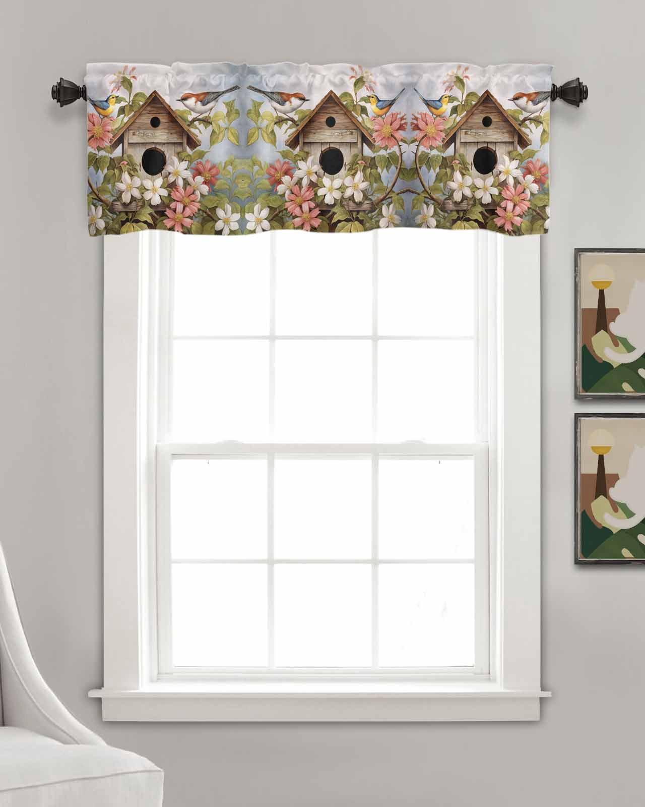 Birdhouse Linen Curtain Valance for Bedroom/Bathroom/Kitchen/Office/Living/Dining Room Window,Farmhouse Leaves Country Vintage Animal Rod Pocket Topper Decorative Cafe Drapes Panel 54"x18"
