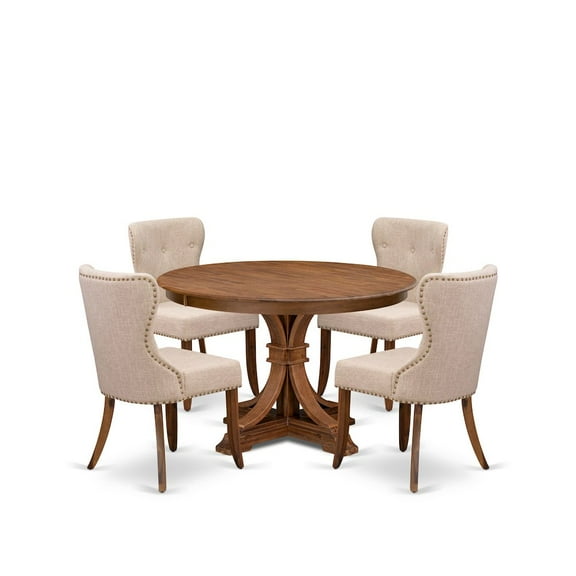Luxe by East West Furniture 5-Pc Kitchen Set A Pedestal Wooden Round Table, 4 Light Tan Fabric Padded Chairs