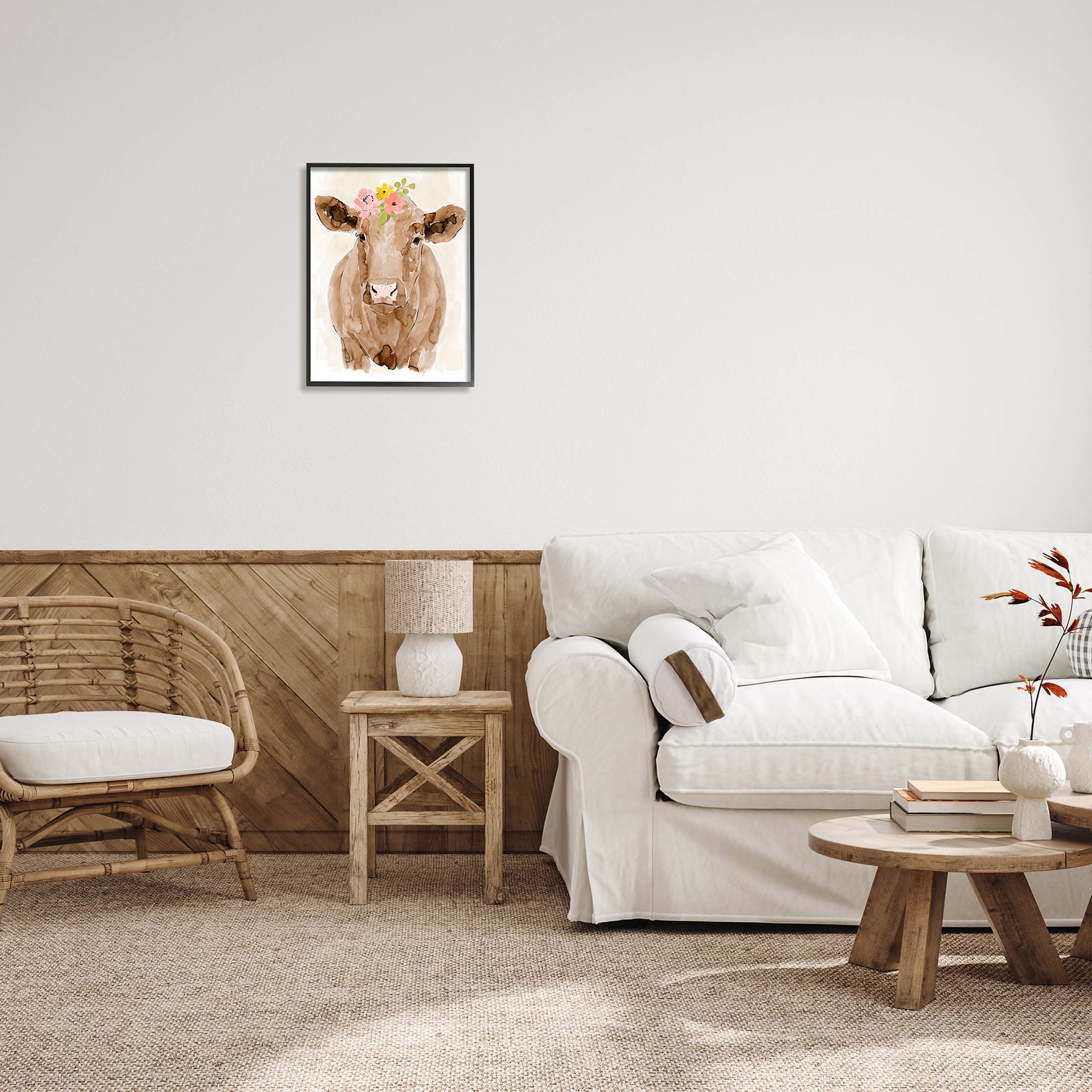 Delicate Blooms Cow Portrait Animals & Insects Graphic Art Black Framed Art Print Wall Art