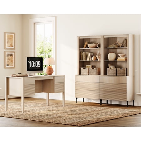 WAMPAT 3 Piece Home Office Furniture Set, 58" Writing Desk with 71.5" T Bookcase, Bookcase with 6 Drawers, Adjustable Shelves, Modern Fluted Wood Office Furniture for Home Office, Study Room, Bedroom