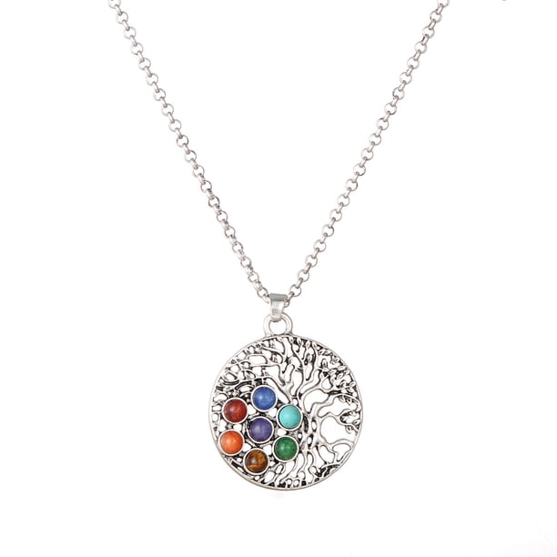 Zhuge Colgante de collar, hecho a mano, colgante de plata antigua, collar de árbol de la vida, collar de piedras de colores (plata, estilo árbol de la vida)