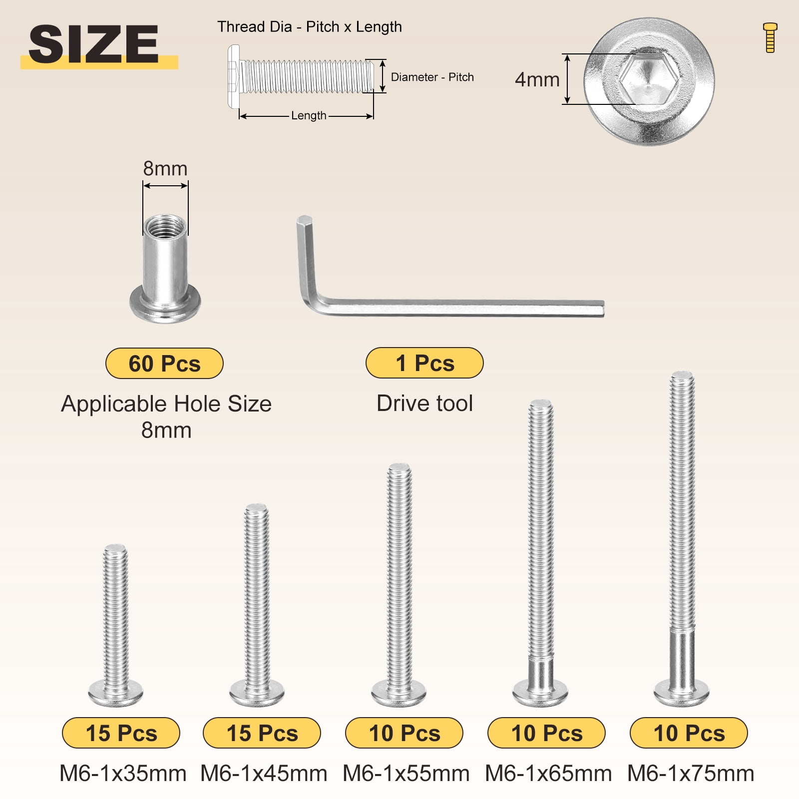 Furniture Connector Bolt Cap Nut Kit with Wrench(M6-1x35/45/55/65/75mm) 120Pcs, Connector Bolts M6 Countersunk Screw Barrel Nuts Binding Screws, for Chair Cabinet Bed, Silver