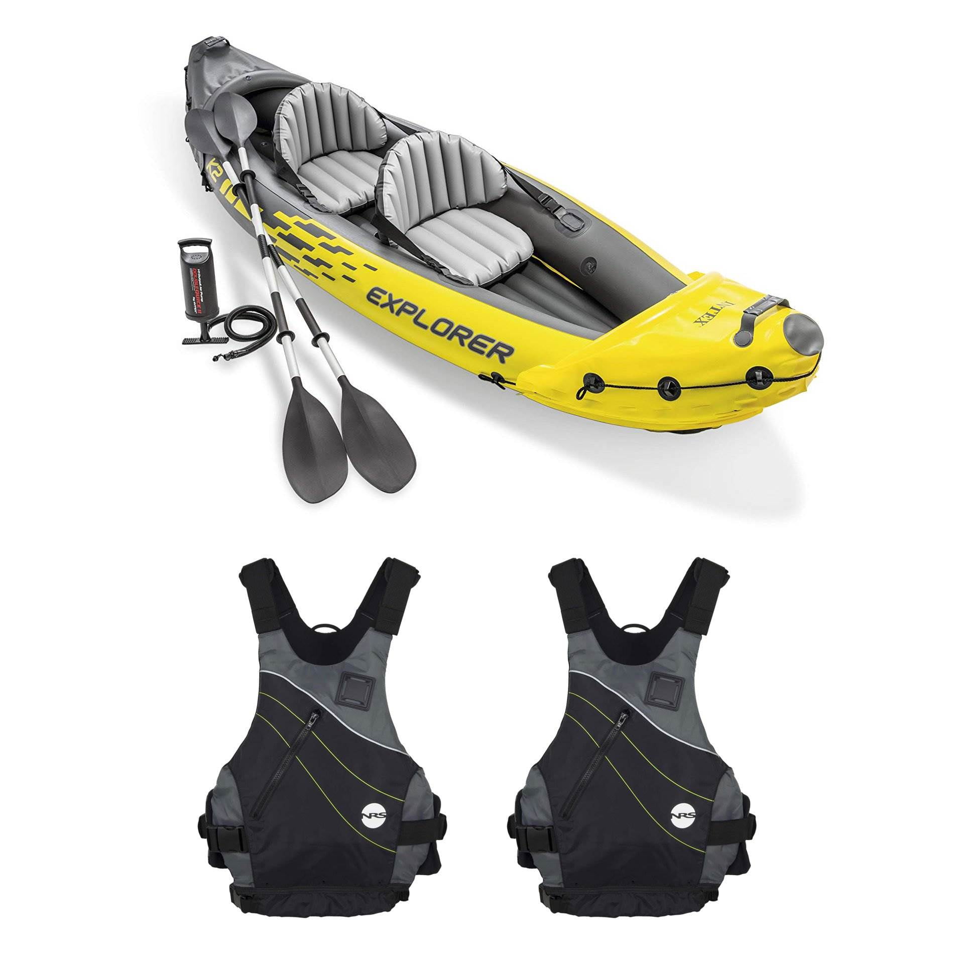 Intex Explorer Inflatable Kayak w/ Air Pump & Blue Sm/Med. Life Jacket