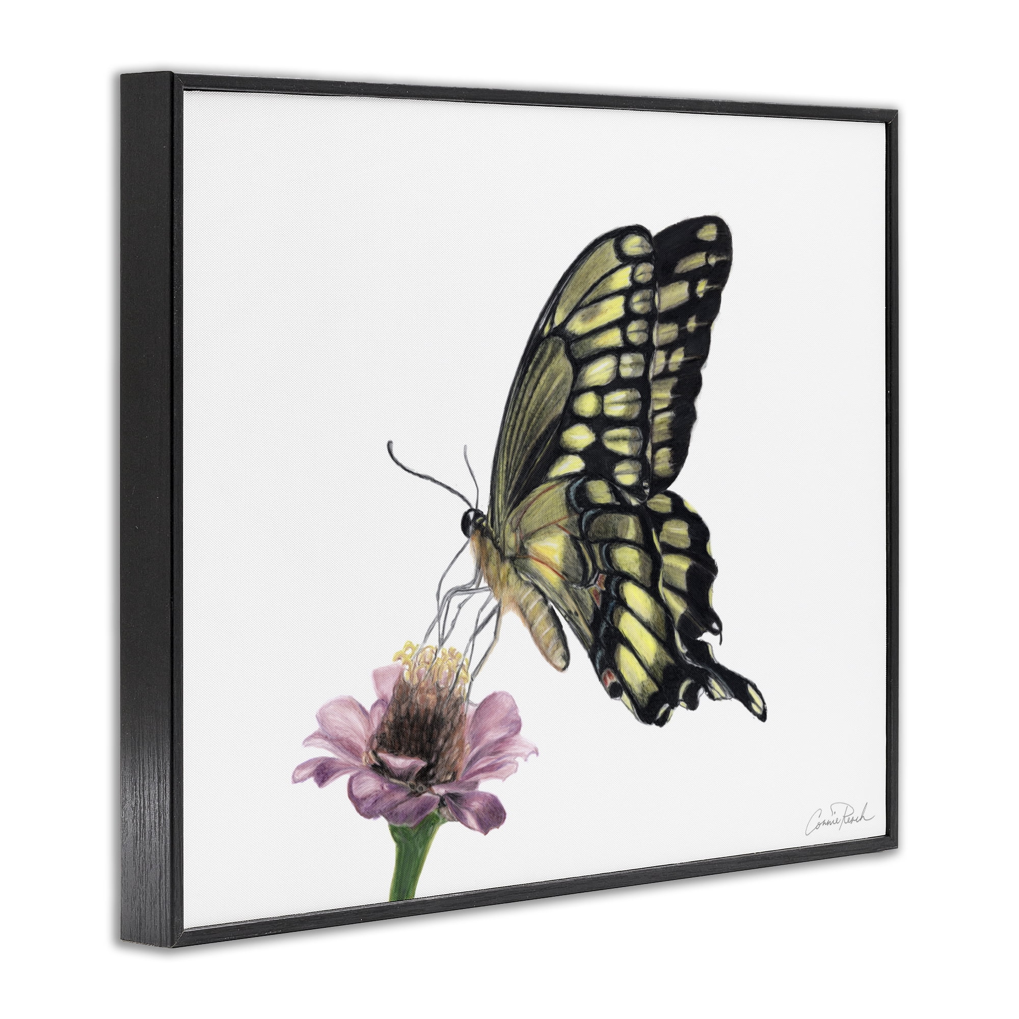 Stupell Industries Minimal Butterfly & Flower Animals & Insects Painting Black Framed Art Print Wall Art, 20 x 16