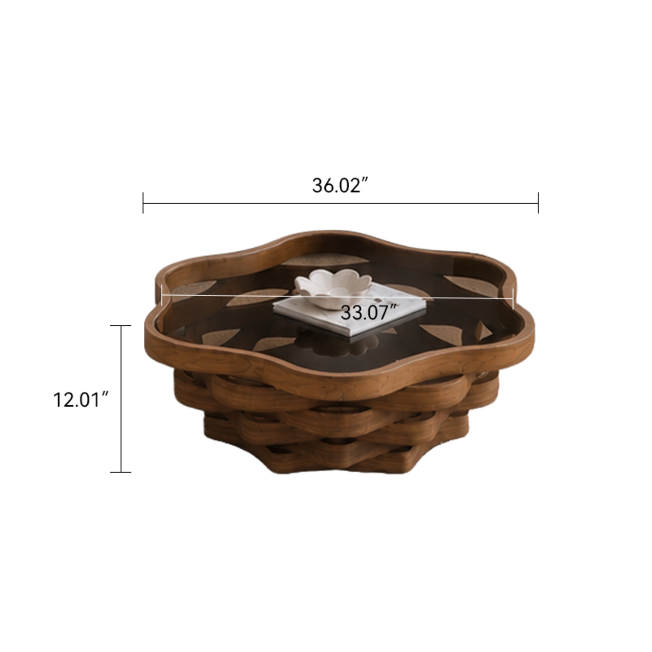 Noble House Derwin 35.83" Irregular Cloud-Shaped Coffee Table with Tempered Glass Top & Artistic Wave MDF Base, Walnut
