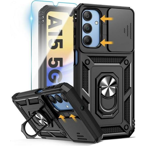 for Galaxy A15 5G Case, Samsung A15 5G Case with Camera Cover & 360° Kickstand Ring with Tempered Glass Screen Protector, Military Grade Shockproof Protective for A15 5G Phone Case Black