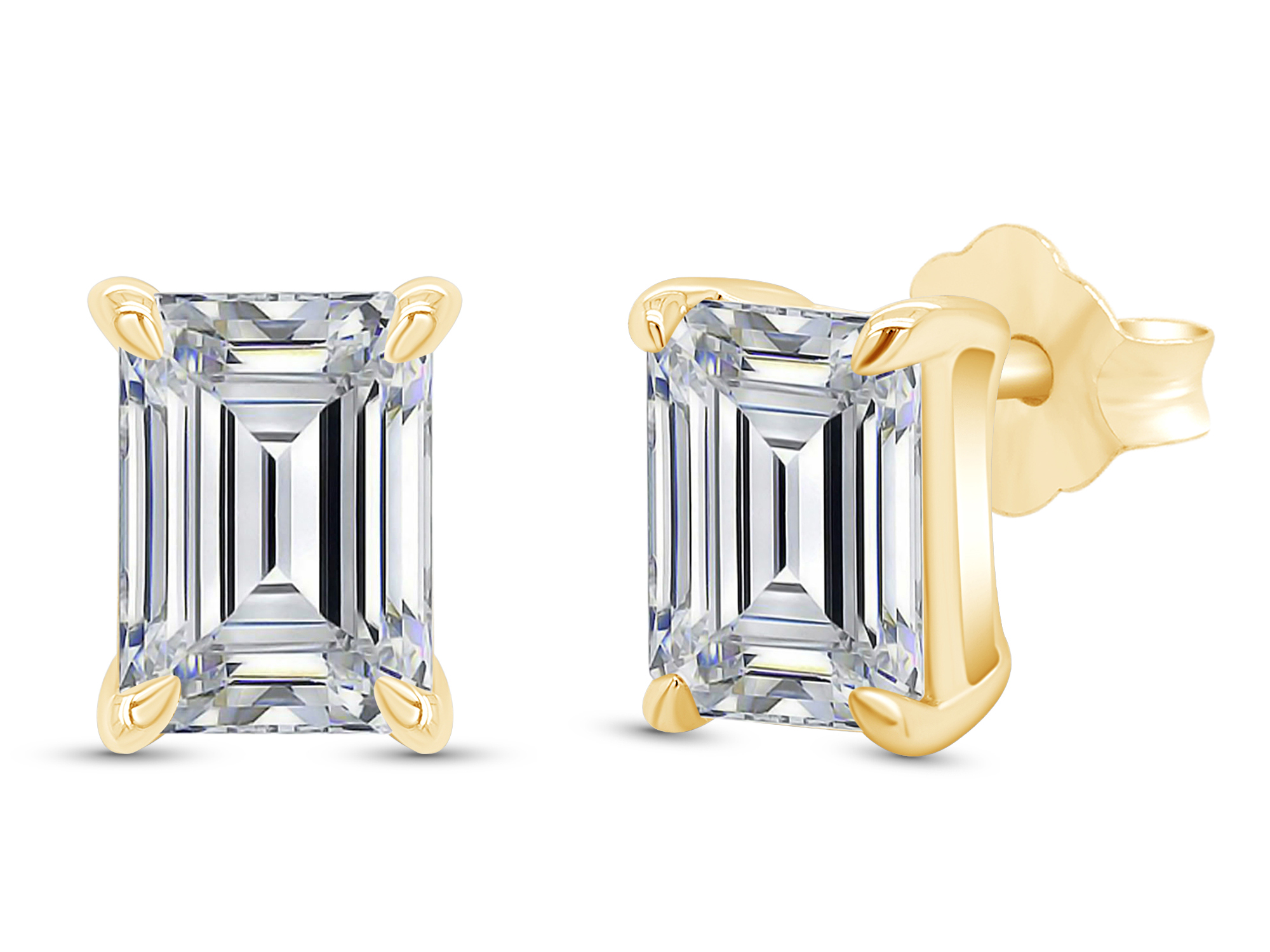 AFFY 2 Carat Emerald Cut Moissanite Solitaire Stud Earrings for Women 18K Yellow Gold over Silver