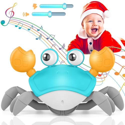 Crawling Crab Baby Toy,Upgraded Tummy Time Gifts for Newborn Babies 3-6 6-12 Month,Light-Up Walking Dancing Moving Crab with Music & Obstacle Avoidance,Rechargeable Sensory Development Toy (Green)