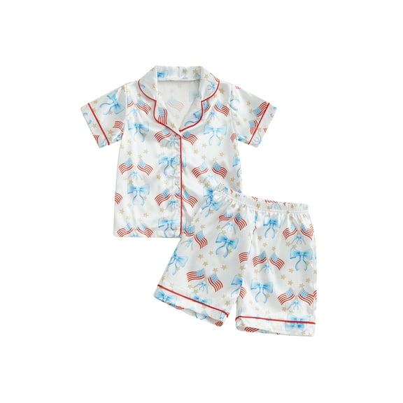 CocMouse Girls Patriotic Pajamas Set Summer Star/Bow Print Shirt with Shorts