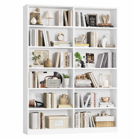 Homfa 74.3” Double Wide 6-Tier Bookcase, Extra Large Wooden Freestanding Display Bookshelf for Home Office Living Room, White