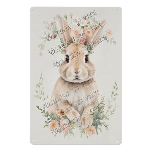 Floral Rabbit Metal Sign – Vintage Bunny Wall Decor for Easter, Cottagecore Bedroom, Nursery – Animal Lover Gift for Teens, Girls, Moms 8x12 inch