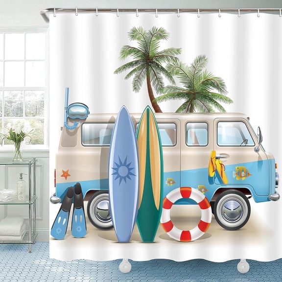 Beach Surf RV Fabric Shower Curtain Set for Bathroom Decor 72Wx72H Inch Coastal Theme Bath Accessories for Men Boys Tropical Palm Trees Pattern Camping Car Bathtub 12 Pack Plastic Hooks