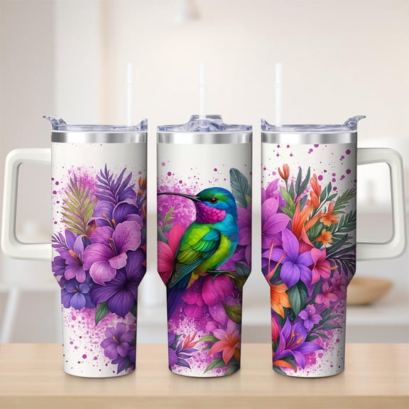 Tropical Hummingbird Floral Stainless Steel Insulated Mug with Lid and Handle, 30oz