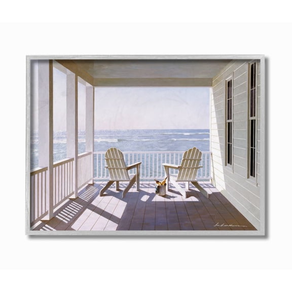 Stupell Industries Porch Chairs Overlooking the Tide Realistic Painting Gray Framed Art Print Wall Art, 16x20, by Zhen-Huan Lu