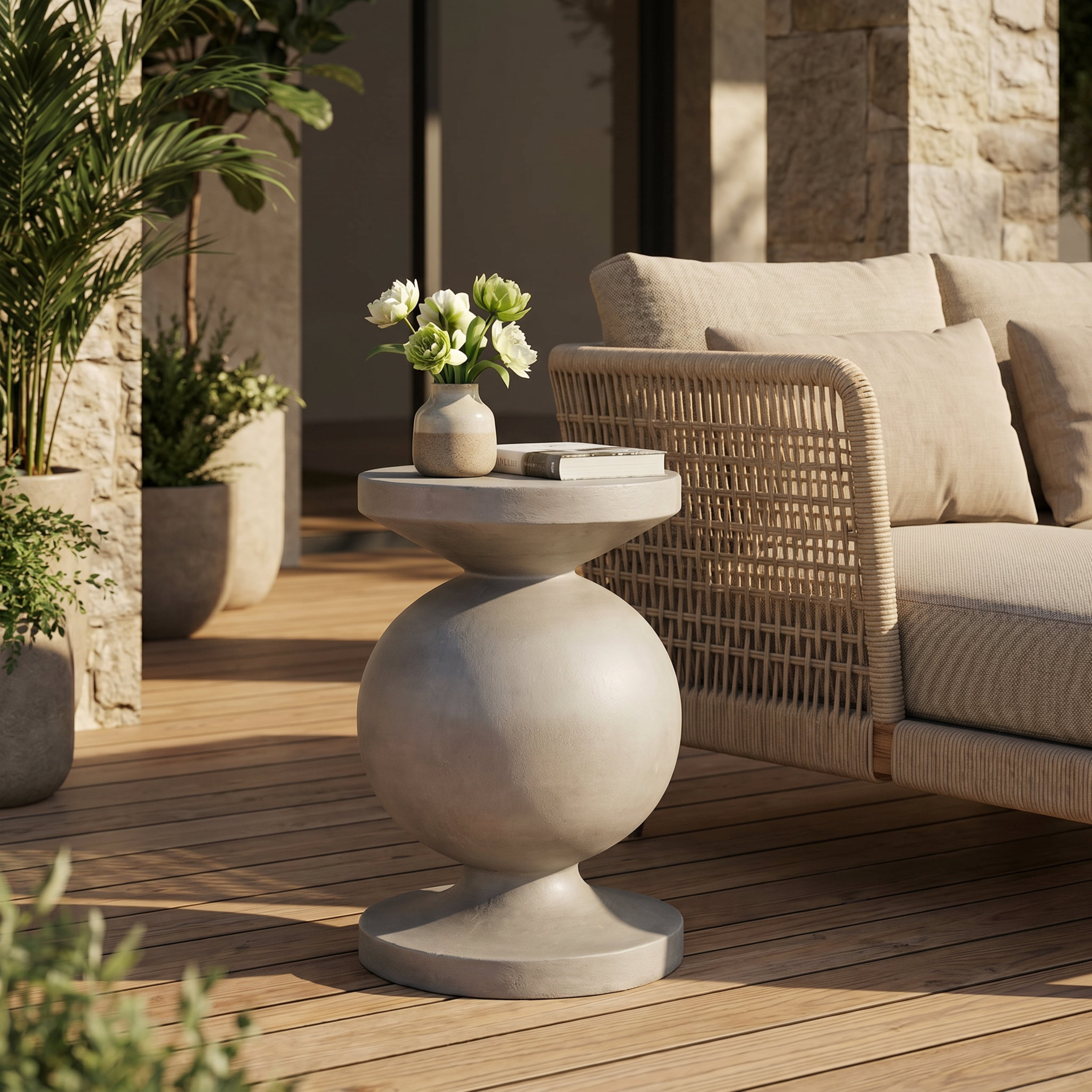 Outdoor Pedestal Side Table, Lightweight Concrete Material for Patio Garden, White