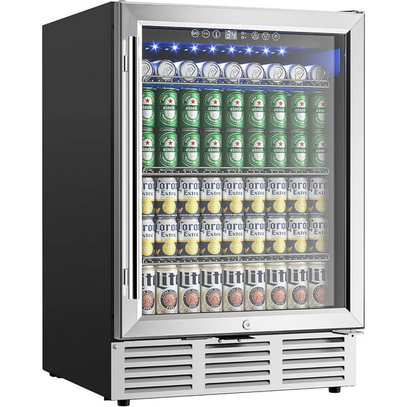 EUHOMY 23.9 Inch Beverage Refrigerator, 179 Can Built-in Beverage Cooler, Under Counter Beer Fridge with Glass Door