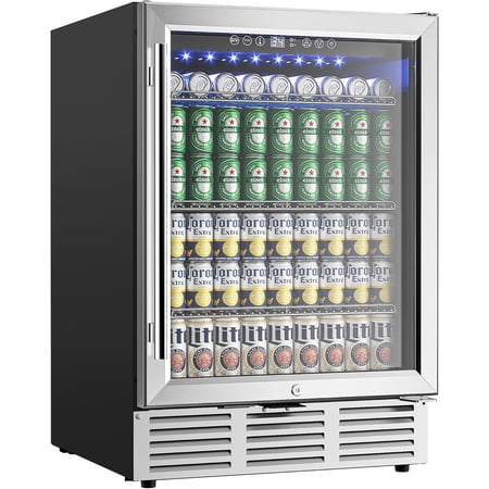 EUHOMY 23.9 Inch Beverage Refrigerator, 179 Can Built-in Beverage Cooler, Under Counter Beer Fridge with Glass Door