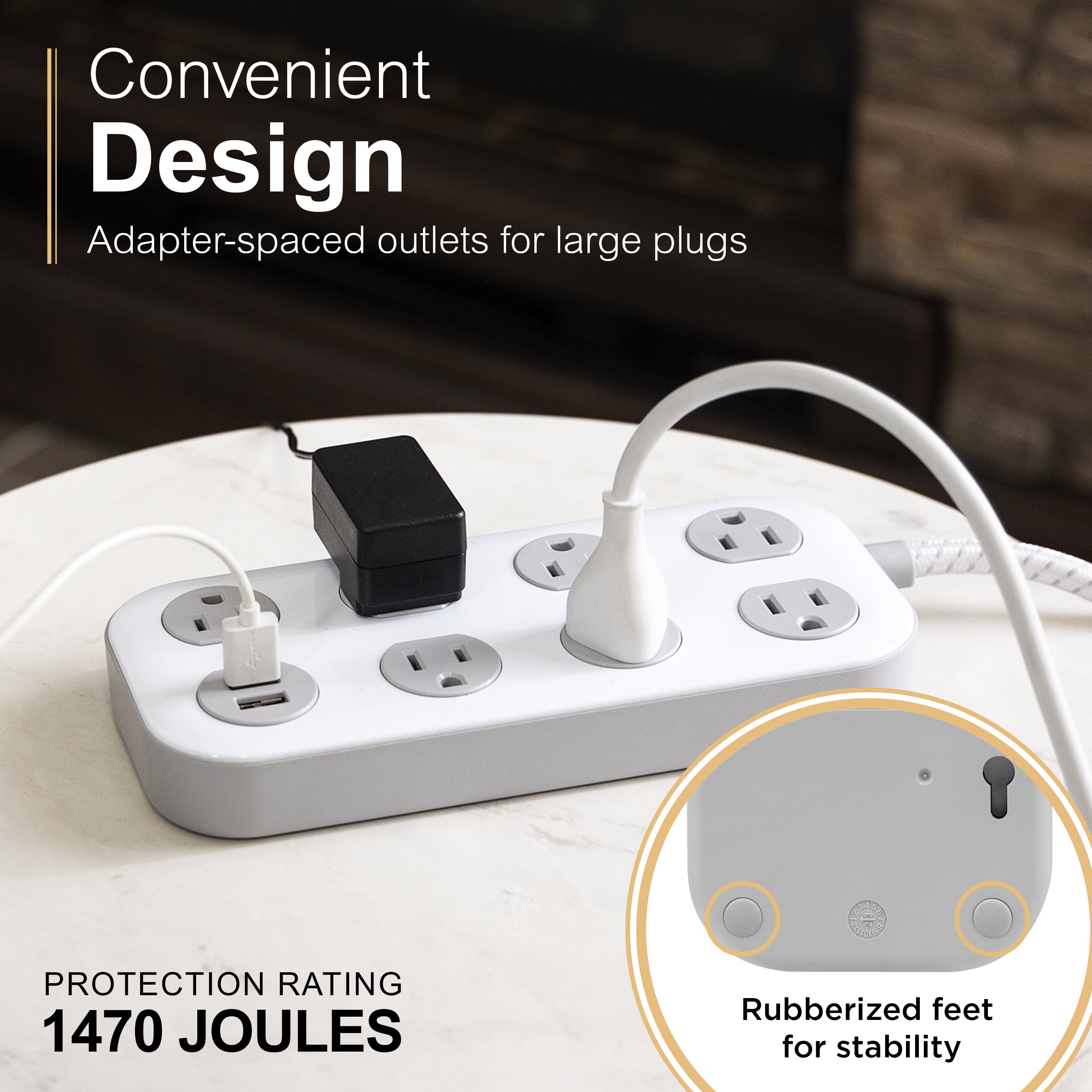 GE 7‑Outlet Surge Protector Power Strip, 2 USB‑A Ports, 1470J, 4ft Braided Cord, White/Gray