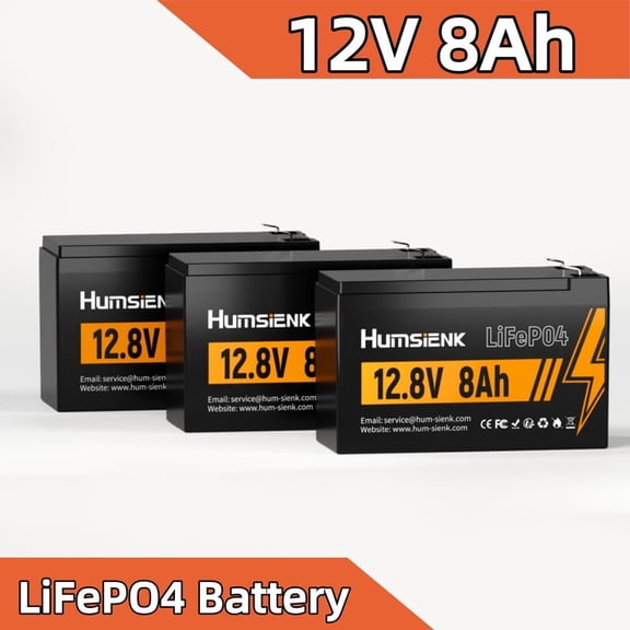 HumsiENK 12V 8Ah Lithium LiFePO4 Battery, 15000 Cycles, Lightweight, Built-in BMS, for Solar Systems, Ride-on Toys, and Home Alarms(3 Pack)