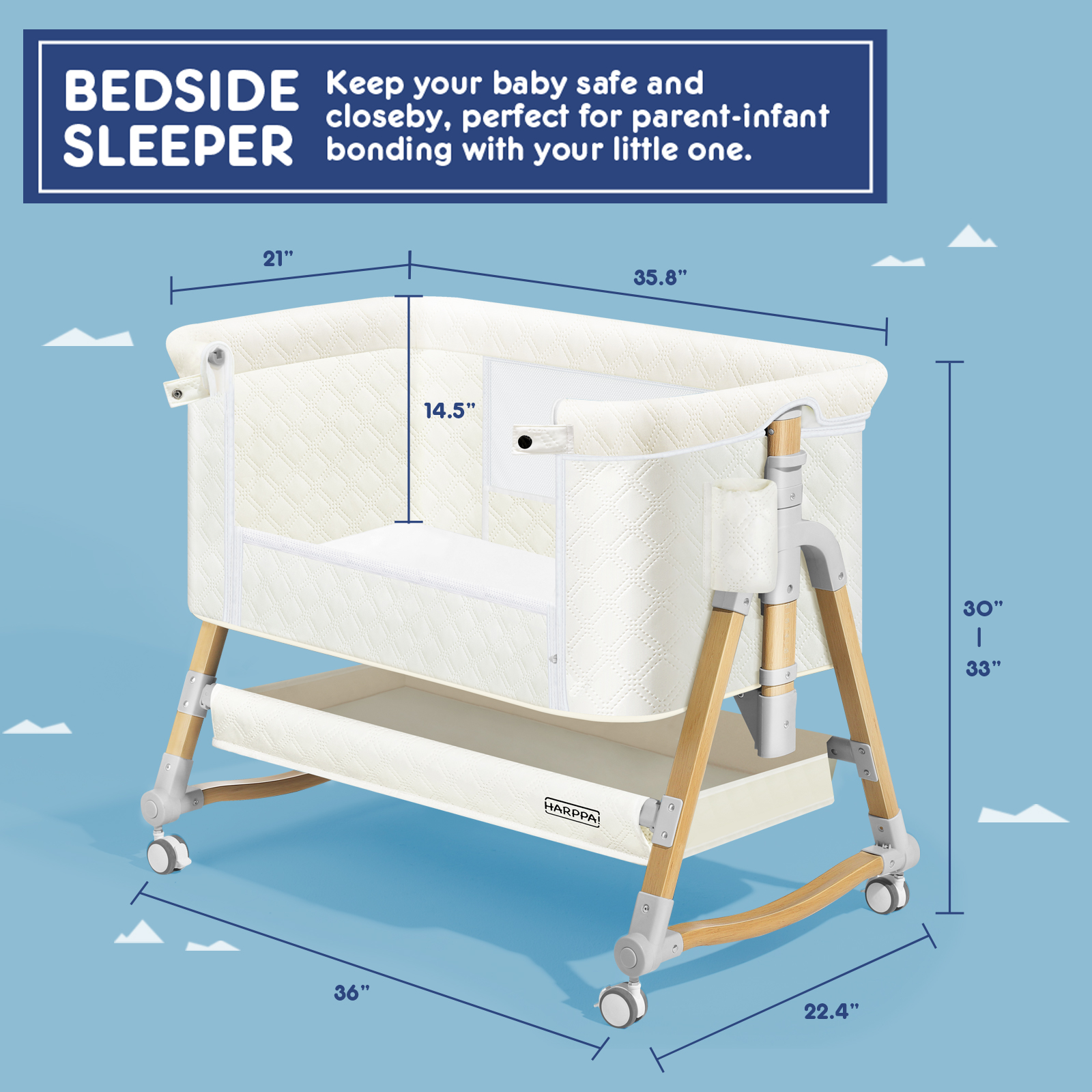 HARPPA 4 in 1 Baby Bassinet Bedside Sleeper, Height Adjustable, Easy Folding, White - image 3 of 8