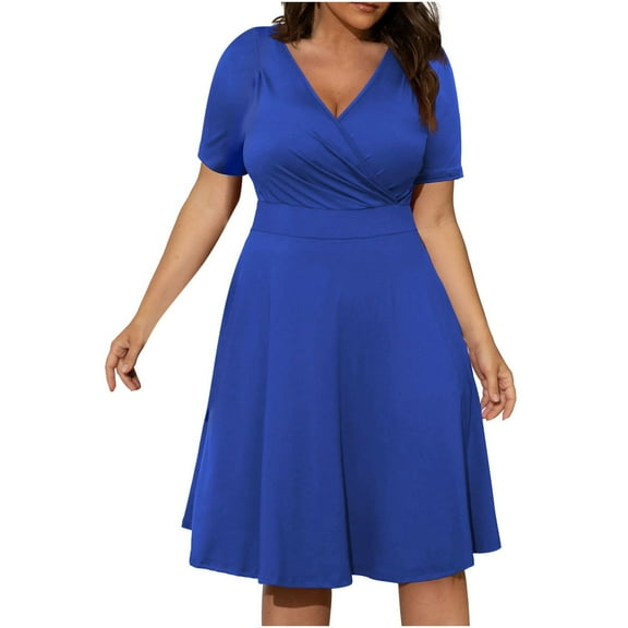 Giftesty Womens Plus Size Dresses Womens Casual Plus Size V-Neck Solid Short Sleeve Boho Dress Swing Dress with Pockets