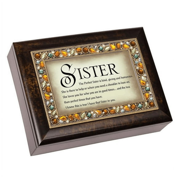 Cottage Garden The Perfect Sister is Kind Giving Amber Earth Tone Jeweled Music Box Plays Edelweiss