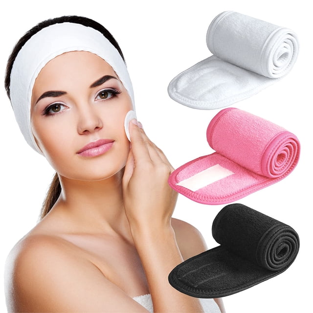 Denfany Spa Diadema, Paquete de 3 Diademas para Lavado de Cara Ultra Suaves y Ajustables para Lavado de Cara, Ducha, Maquillaje y Deporte (Negro + Blanco + Rosa)