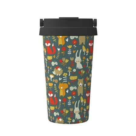 

Xecao Cute Animal Forest Pattern Insulated Coffee Mug with Handle & Flip Thermos Mug Water Bottle Coffee Tumbler Cup