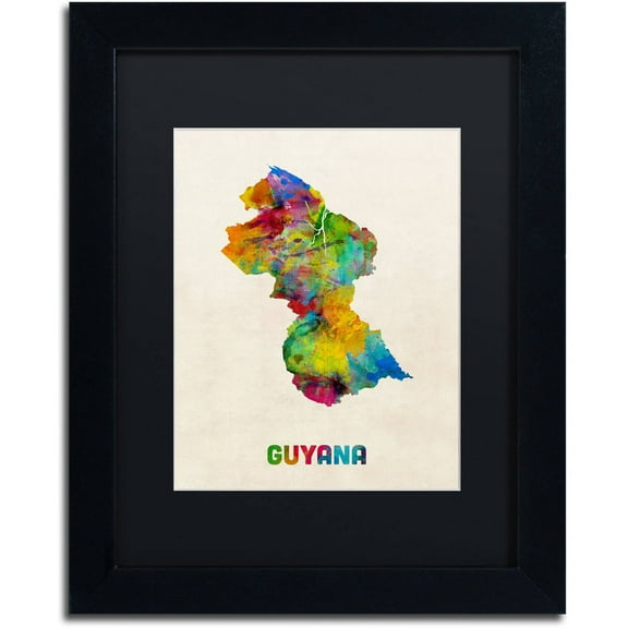 Trademark Fine Art "Guyana Watercolor Map" Canvas Art by Michael Tompsett Black Matte, Black Frame